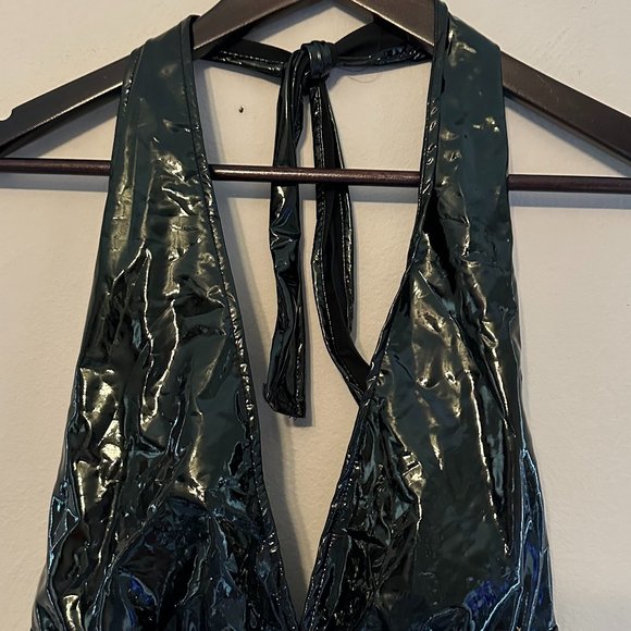 NWT WDIRARA Women's Deep V-Neck Halter-Top PU Leather Skinny Bodysuit Size S - Picture 10 of 16